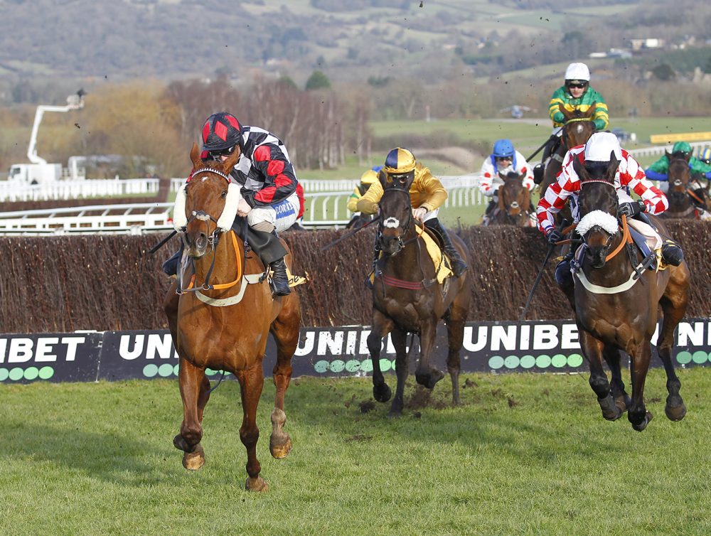 Moon D'Orange and Sean Bowen win the Betfair Exchange Handicap Chase from Grandeur D'Ame at Cheltenham. Steve Davies/Racingmediapics.co.uk